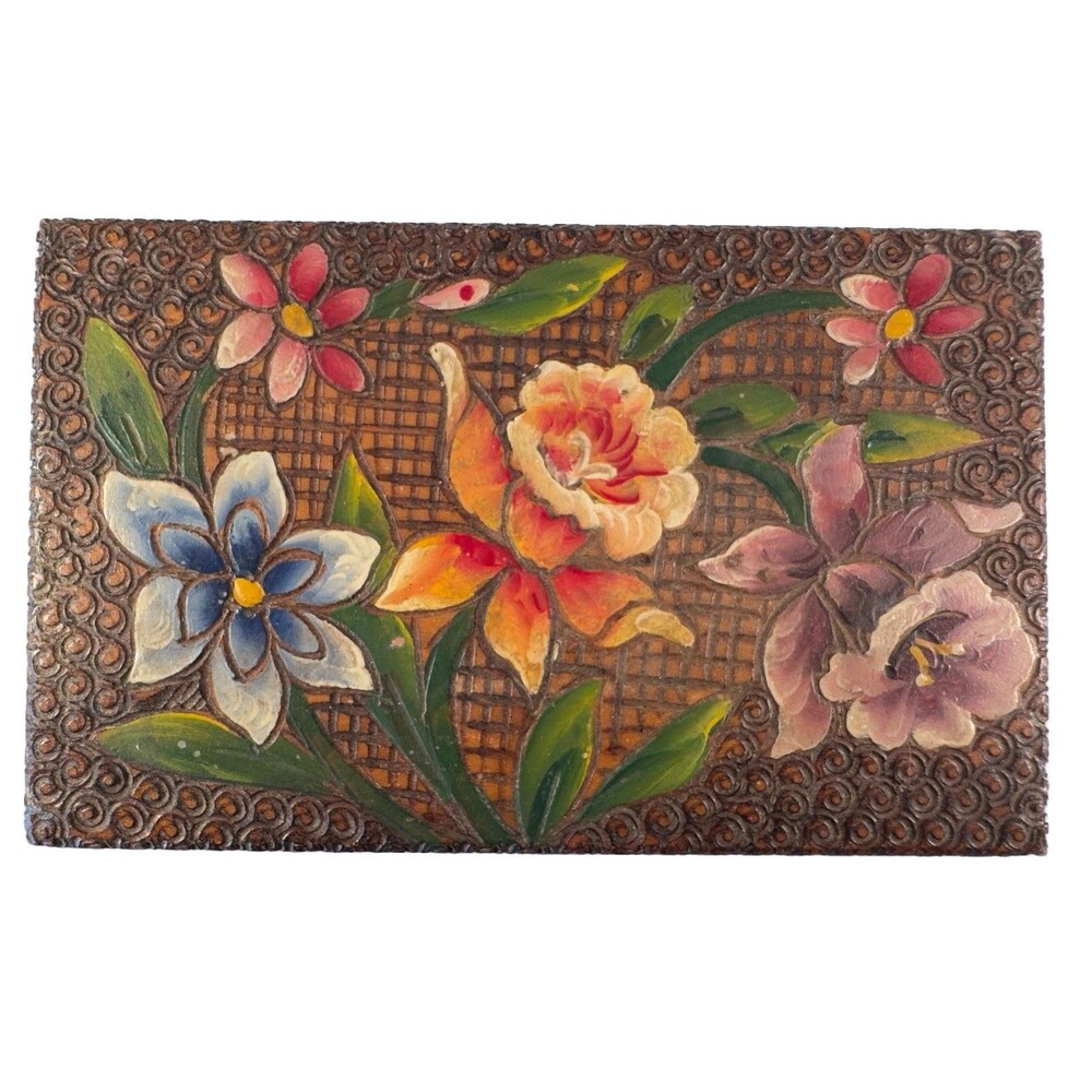 Vintage Hand Carved Wood Jewelry Box Painted Floral Blue Satin Lined Folk Art